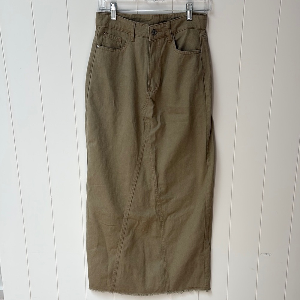 SHEIN khaki beige denim Maxi Skirt high waist fringe hem M or 6